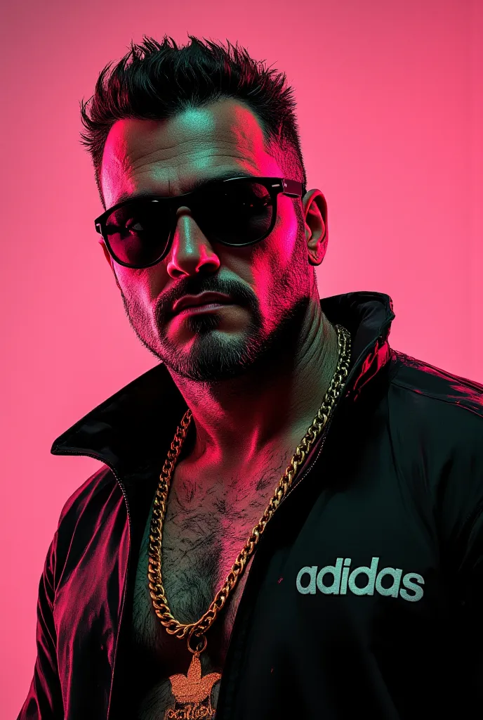 closeup man, portrait of Terminator with wearing a black Adidas style tracksuit and gold chains and Rayban style sunglasses, criminal style, serious look, moody, highly detailed, high contrast, pink background, hairy chest