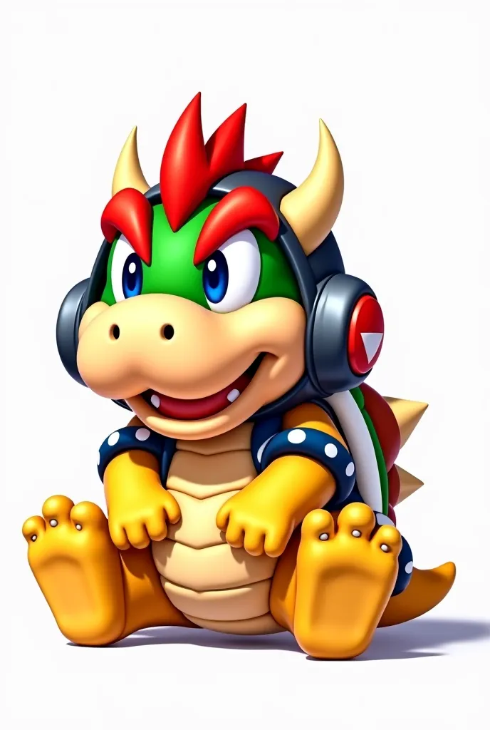 Bowser JR figure, with a motorcycle helmet, Sitting with his hands on his knees, On a white background 