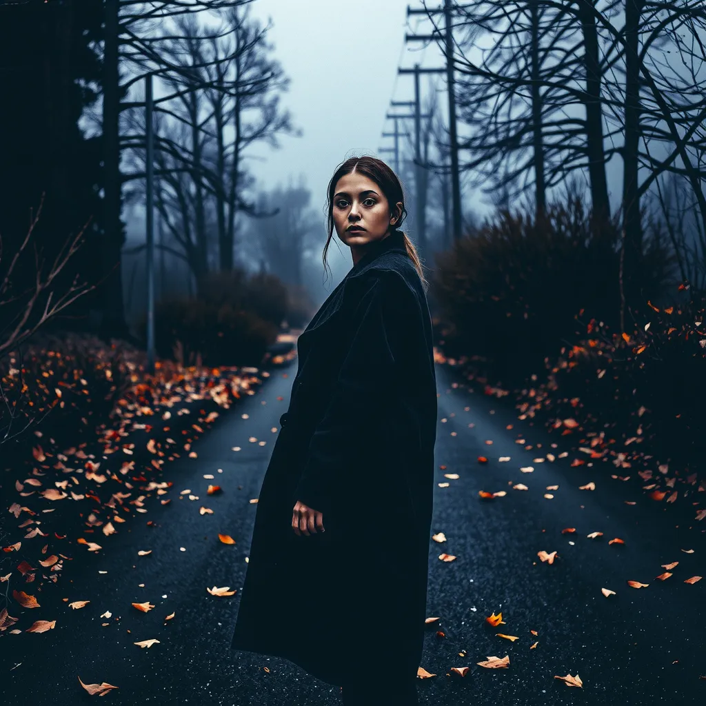  Cinematic photography, eye-level view of a young woman standing on a desolate dirt road covered in dry, scattered leaves. She wears a long, dark overcoat that drapes over her frame, blending with the somber atmosphere. Her body is slightly leaning back, o...