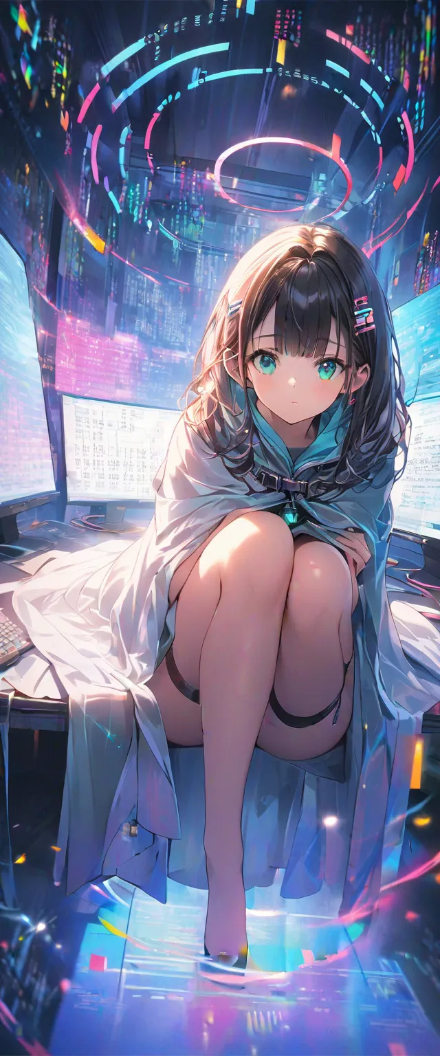 1 girl, Alone, How cool is VTuber's erotic, Aqua Eyes, hairstyle with bangs flowing sideways, Between the eyebrows, hair ornament that places arms on the knee, , detaching、 Strong light, hologram, disappear, number of shapes 々, cloak,  Many Displays , Stre...