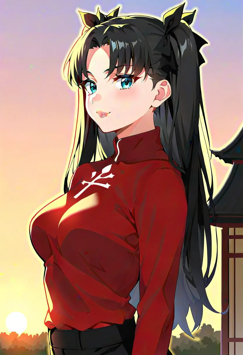 score_9, score_8_up, score_7_up, Portrait, Rin Tohsaka, cute, seductive, innocent, light smile:0.3, plump lips, slender body, aqua eyes, long wavy black hair, twin tails tied with black ribbons, red turtleneck, sunset, buddhist temple background, 4n1v3rs3,...