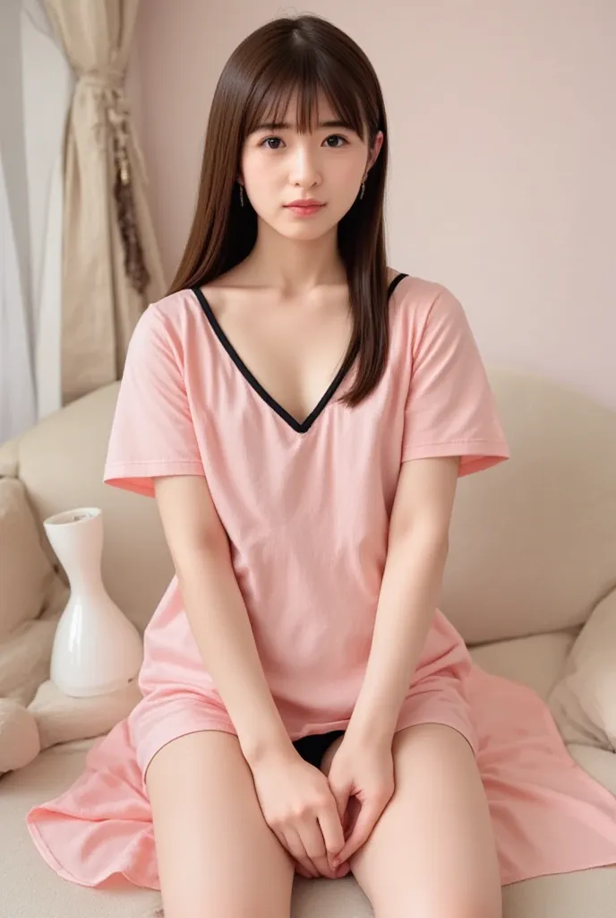 Arafe asian women wearing black bras and panties、Pink Open Front Pyjama Dress Sitting On The Couch,  pastel painting by Kiyomoto Torii, Tumbler, what is it？, young cute gravure idol, Japanese models, young sensual gravure idol with big boobs, realistic you...