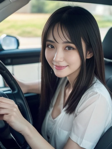 heavy truck driver, sitting in driver's seat, holding the steering wheel, work clothes, shot from passenger seat, ((masterpiece)), ((best quality)), (ultra-detailed), ((beautiful eyes)), Japanese female, (slender:1.3), ((30 years old)), beautiful, (flat ch...