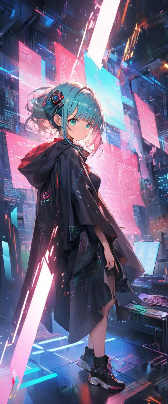 1 girl, Alone, How cool is VTuber's erotic, Aqua Eyes, hairstyle with bangs flowing sideways, Between the eyebrows, hair ornament, , detaching、 Strong light, hologram, disappear, number of shapes 々, cloak,  Many Displays , Streaks of light, Glitch, full bo...