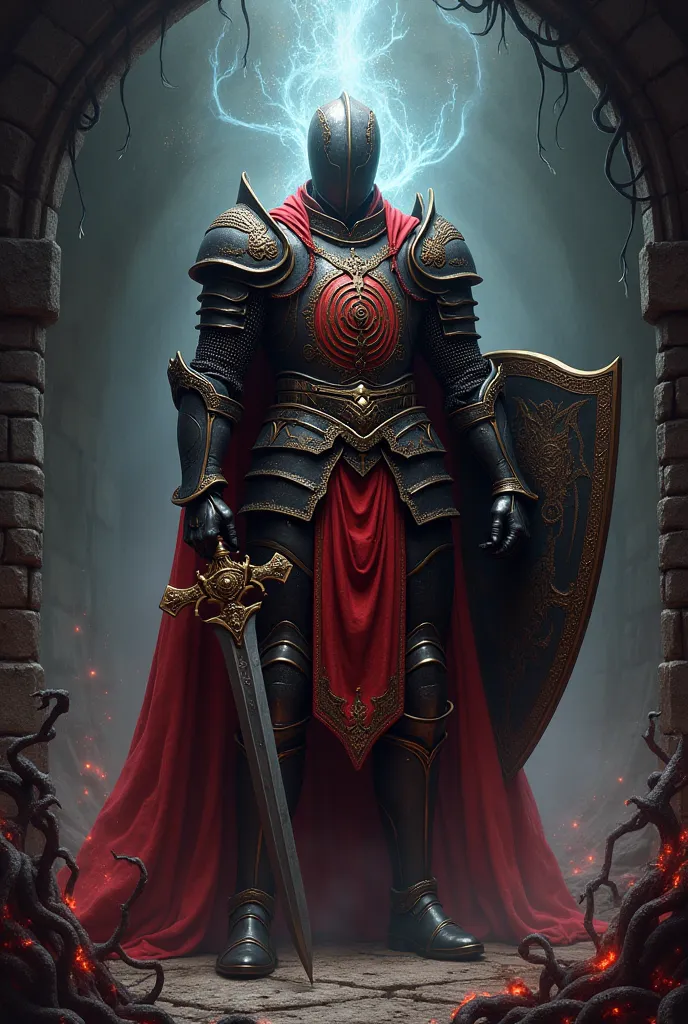 An armored knight with a dark glowing aura, wearing red and black armor with eldritch spiral tabbard, holding an ornate sword and shield, black stone dungeon covered in eldritch tendrils background