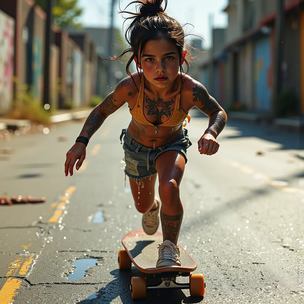 jeune fille de 11 ans, tatouée, en sueur, sur un skate board