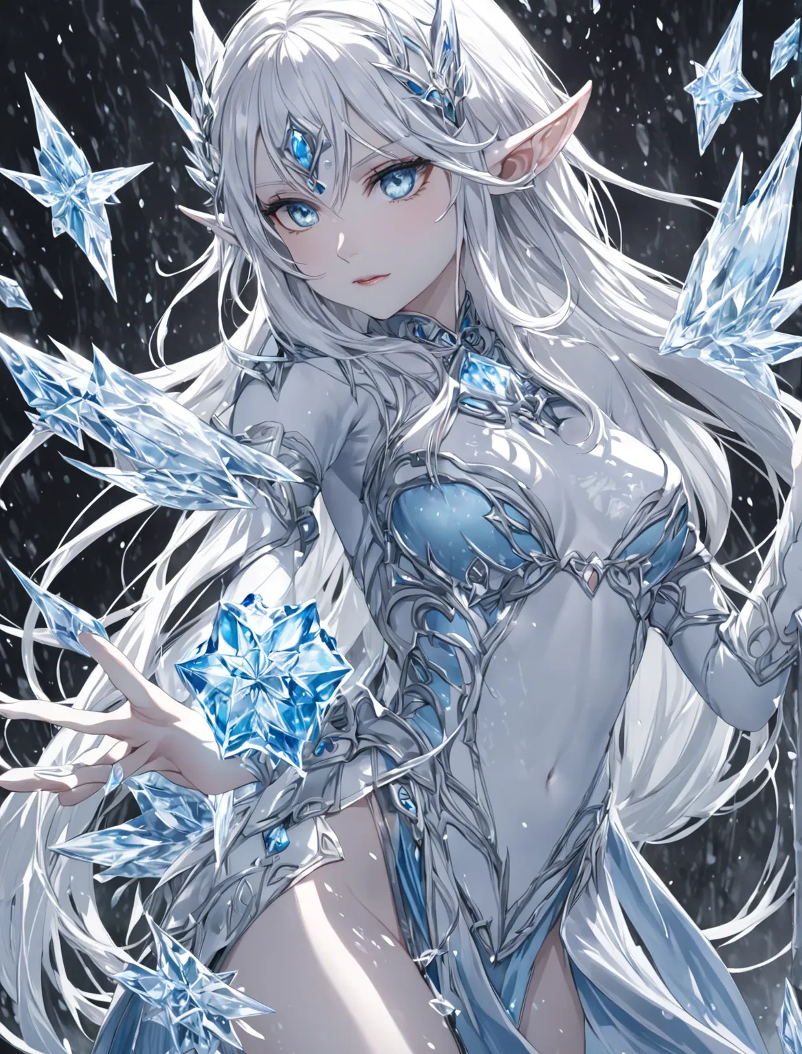 white hair,  female, slim body, Ability to control ice, blue eyes, dressed relatively freely, Elf, completely white skin