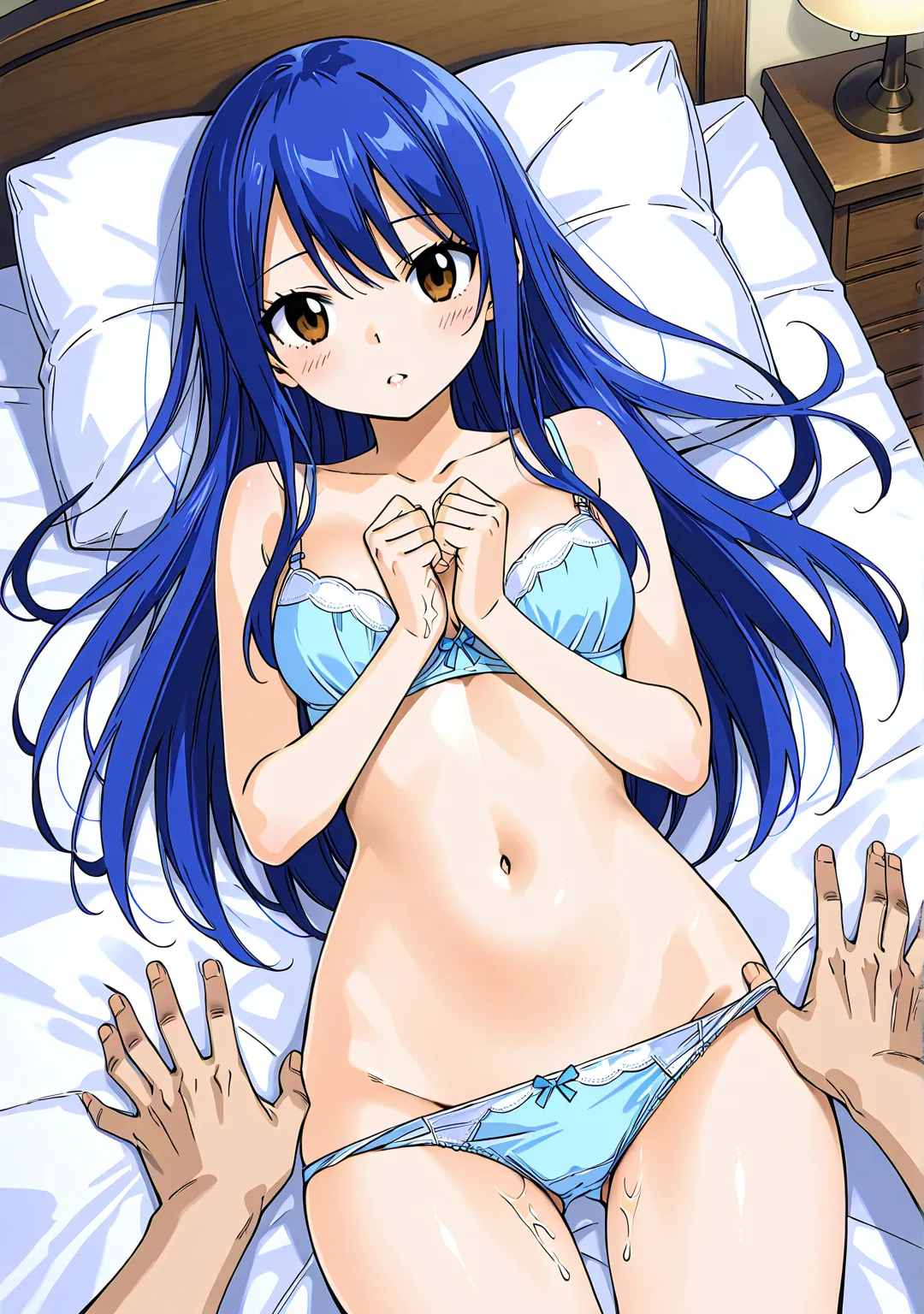 Wendy Marvell、Wendy、Fairy Tail、Mashima Hiro style picture 、Mashima Hiro's design、beautiful girl、 troubled face、Blue Hair、 Girls Room、Panties in hand 、holds panties with both hands、 steam coming out of panties 、chest of drawers、 show off your seductive pant...