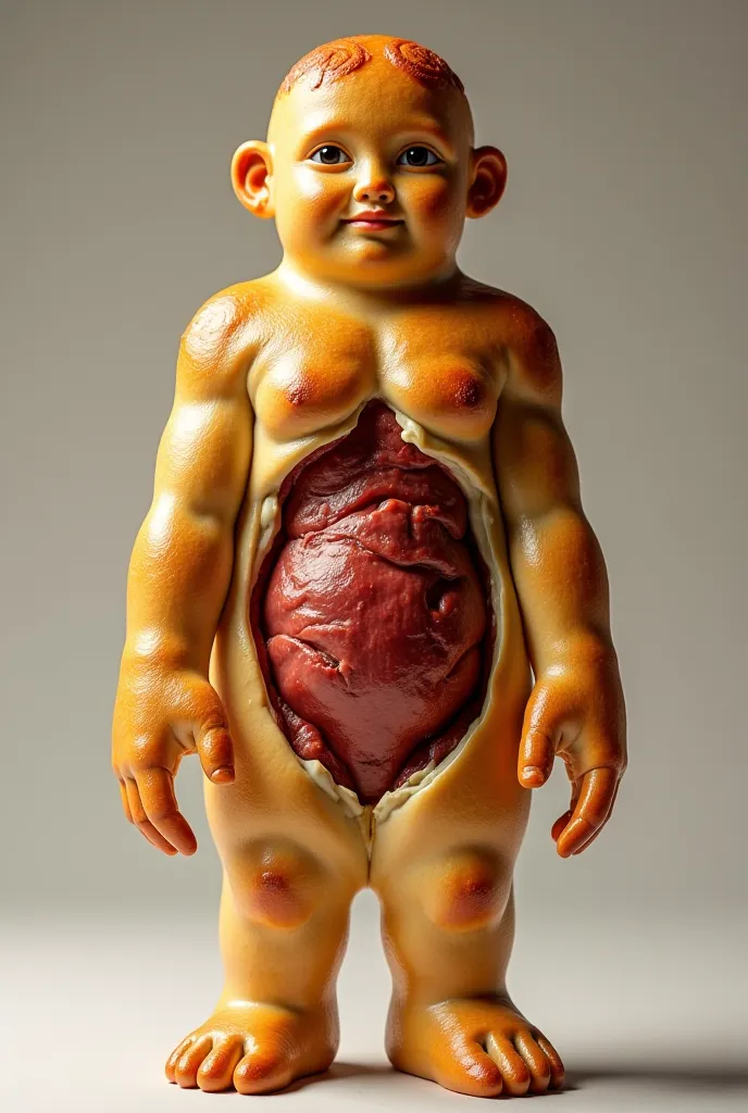 Generate a human-shaped meat risol, With legs arms, eyes and mouth