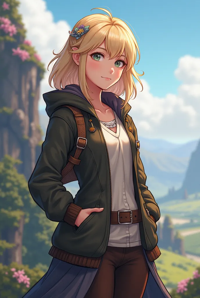 Calm blonde haired mature girl, Calm down with fantasy adventure clothes wearing a jacket, anime style