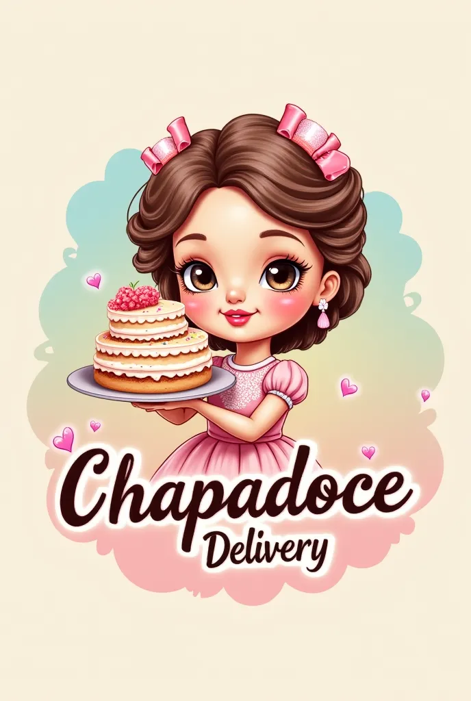 Logo with the name Chapadoce Delivery with a doll holding cake in candy tones