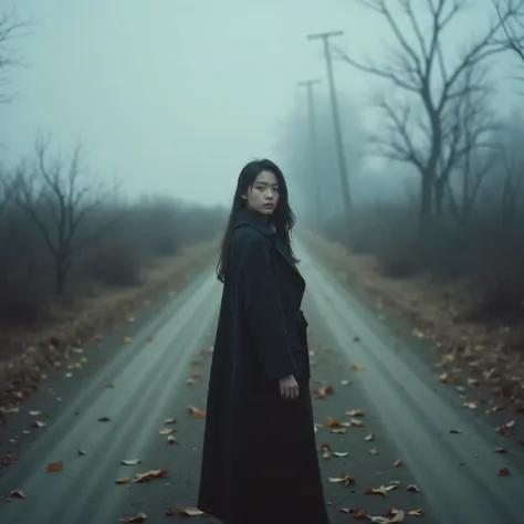 Cinematic photography, eye-level view of a young woman standing on a desolate dirt road covered in dry, scattered leaves. She wears a long, dark overcoat that drapes over her frame, blending with the somber atmosphere. Her body is slightly leaning back, o...