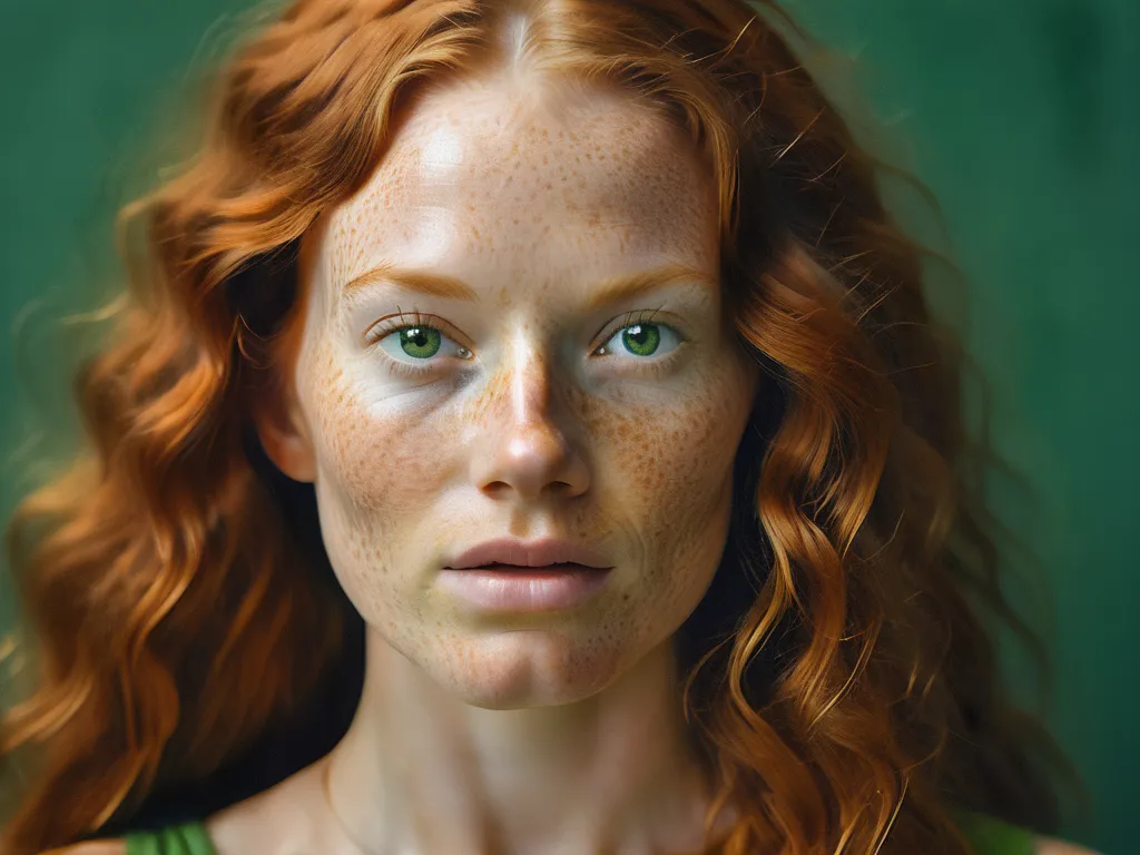 stock photograph, ultra high resolution, ultra high definition, ultra high detailed, photorealistic, like a photo, 16k, ginger woman face, pores, freckles, green eyes, realistic skin details, studio lighting, balanced composition, clean and symmetrical, lo...