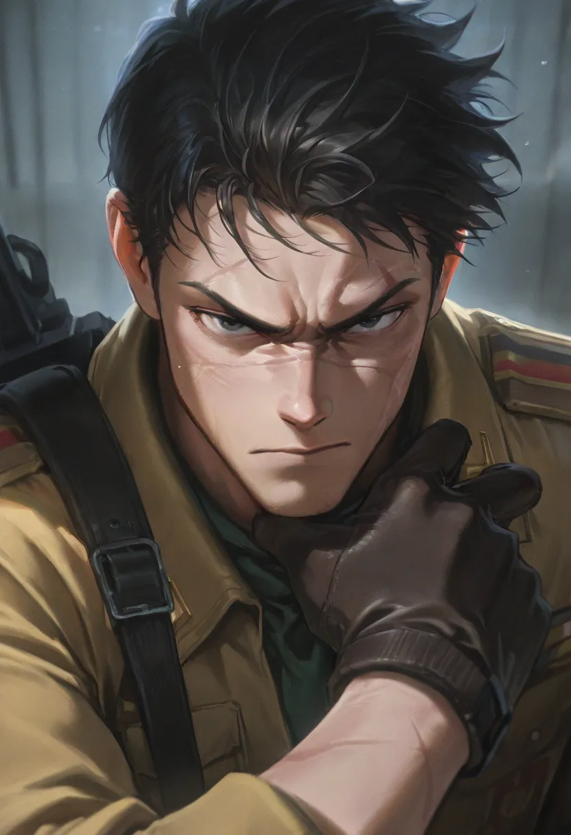 masterpiece, score_9, score_8_above, score_7_above, score_6_above, masterpiece, portrait, 1male, solo, taller frame, short black hair, scars on the face, serious expression, wearing a yellow uniform, militar uniform, gloves, L0LSPL4SH