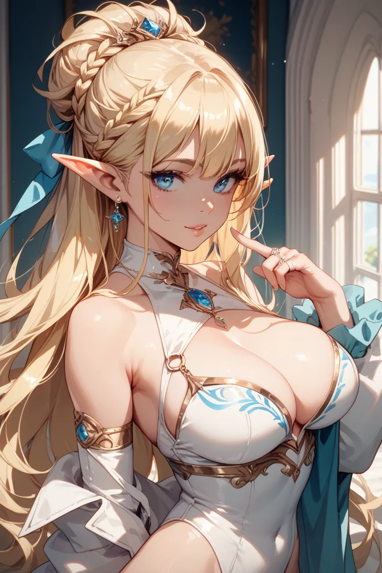 blonde long haired big breasted elf　Blue-eyed sharp eyes　 wearing a white leotard　I'm wearing a silver ring on my left ring finger