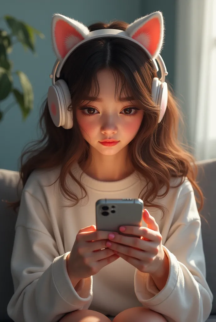 Create an image of a young woman in front, with large brown hair wearing a kitten headset with light and playing on the cell phone