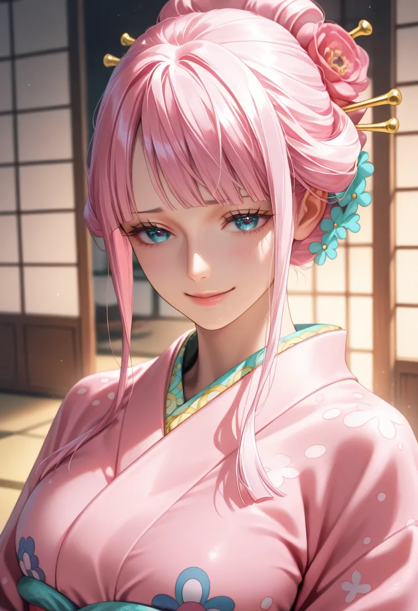 masterpiece, best quality, vibrant, very aesthetic, high contrast, photorealistic portrait,beautiful detailed face,detailed texture,detailed skin, newest, BREAK 1girl, kouzuki hiyori, one piece,kimono,japanese room,intimate face,feminine attractive,calm at...