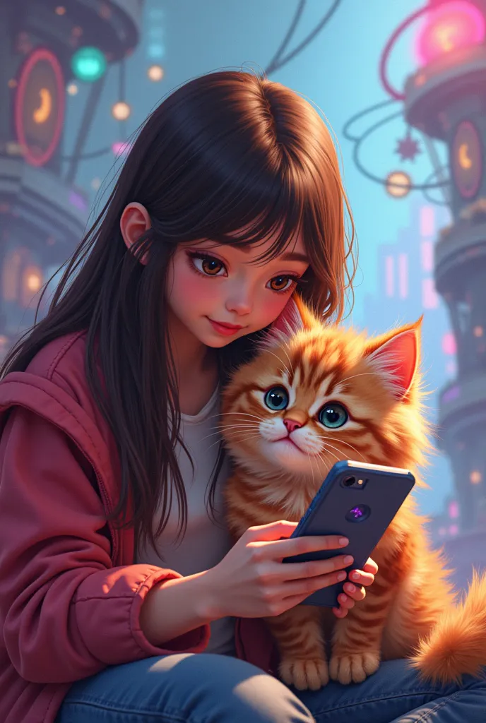 Create an image of a young woman in front, Big brown-haired kitten with light and playing on the cell phone with gamer background