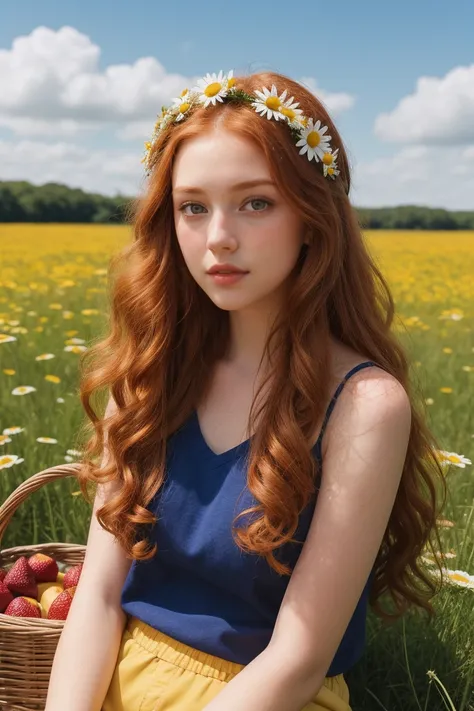 (girl:1.2),alone, (long ginger curly hair:1.1), brown eyes, Wearing a daisy wreath on your head, Sit in a daisy field, (fruit basket:1.1), blue shorts, red shirt,,raw,photographic,photo shadows,actual,Ridiculous,Aesthetic,elegant
