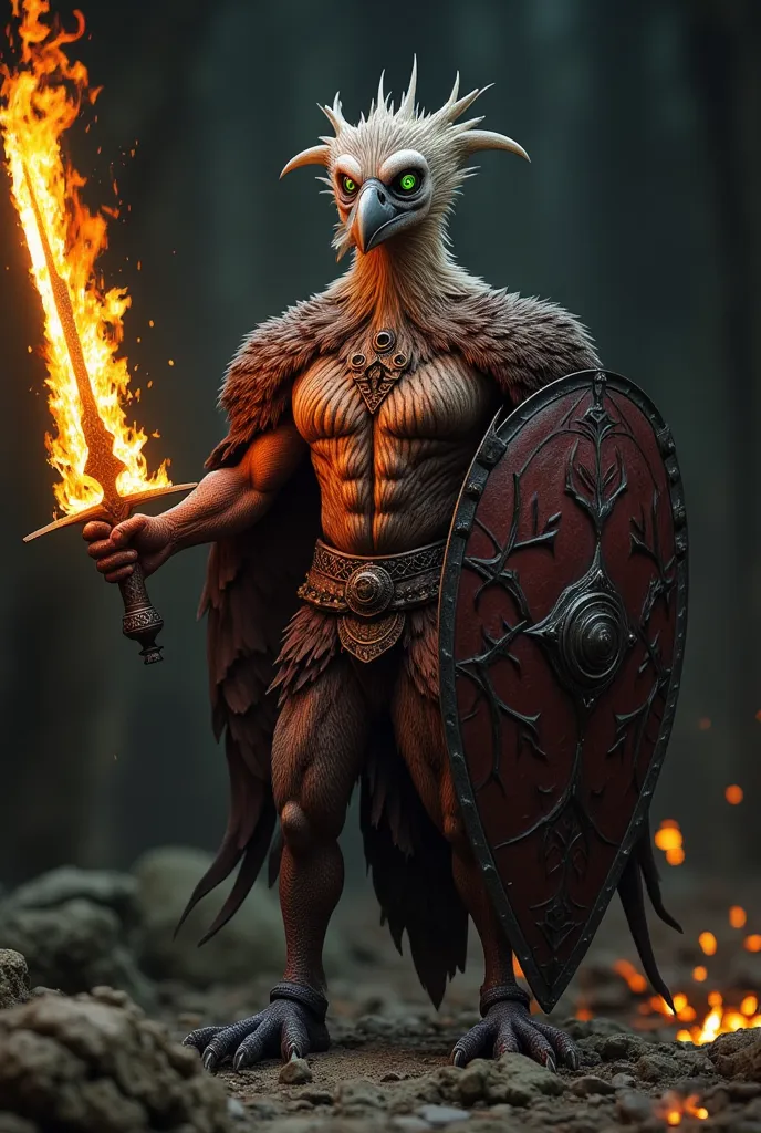 Create full-body image of a vulture in human form ,  with green eyes , with a flaming sword in the right hand and a shield in the left hand , 