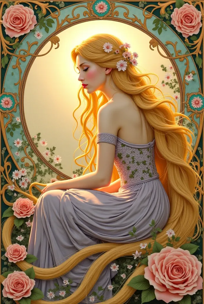 "An oil painting in the Art Nouveau style, inspired by Alphonse Mucha, featuring a graceful, ethereal Rapunzel with long, flowing golden hair that spirals around her in intricate, swirling patterns. She is seated in a dreamy, decorative composition, her de...