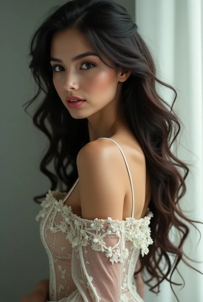 Create a brunette woman with long hair, Full-body and lace