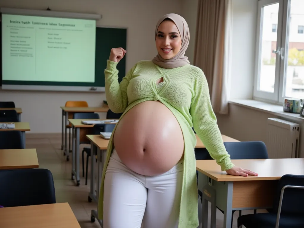 1woman, gorgeous face, wearing a hijab, wearing a light green knit dress, wearing a white flare pants, gigantic sagging breast, wide hips, huge thighs, thicc, obese, weight gain, she was pregnant, pregnant obese, third trimester, overdue pregnancy, huge pr...