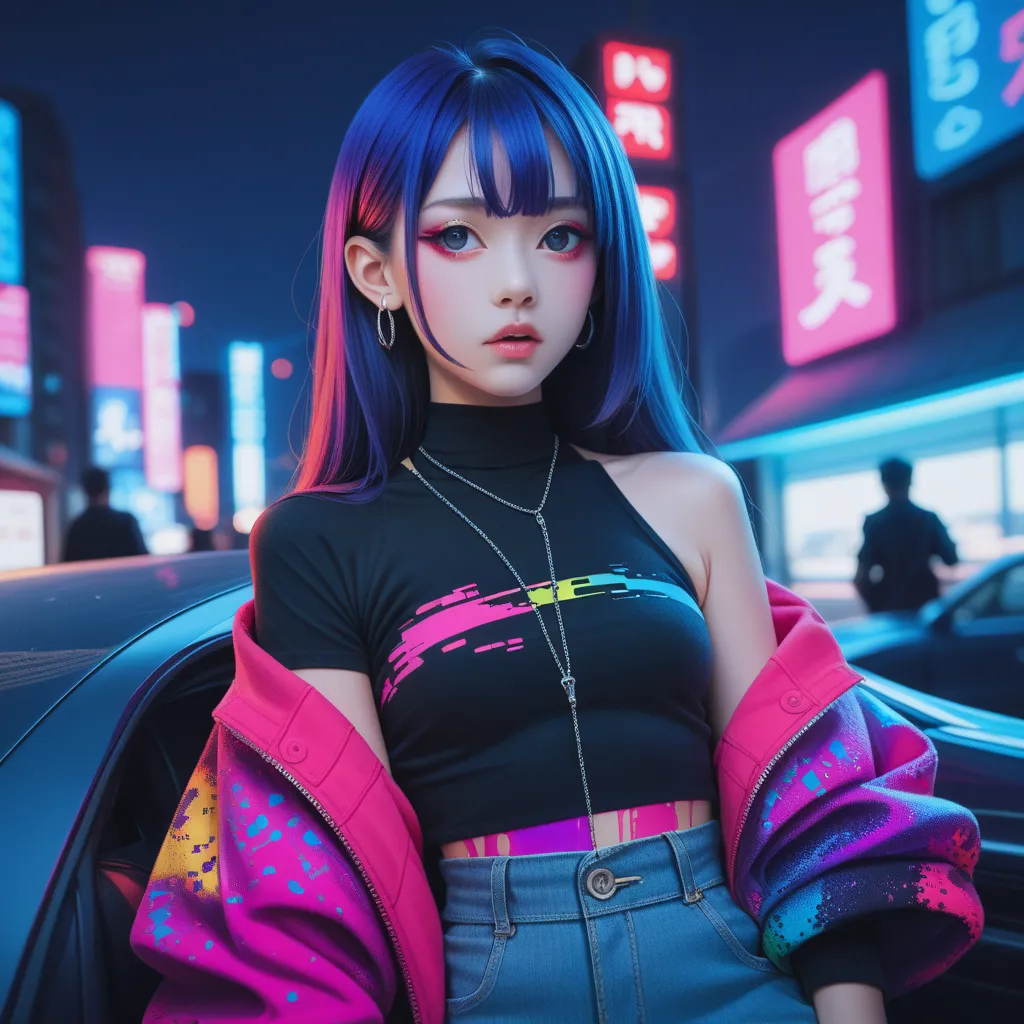 Japanese idol girl .  In the future city . Night. Neon. glitch. Error. In front of a car 