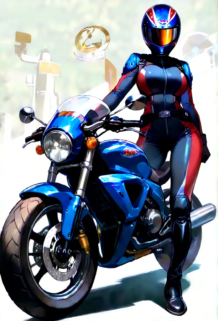 high resolution, masterpiece, best quality, 1girl, solo, tall, rider suit, rider globe, rider boots, large motorcycle, get on a motorcycle, Helmet held under the arm, 