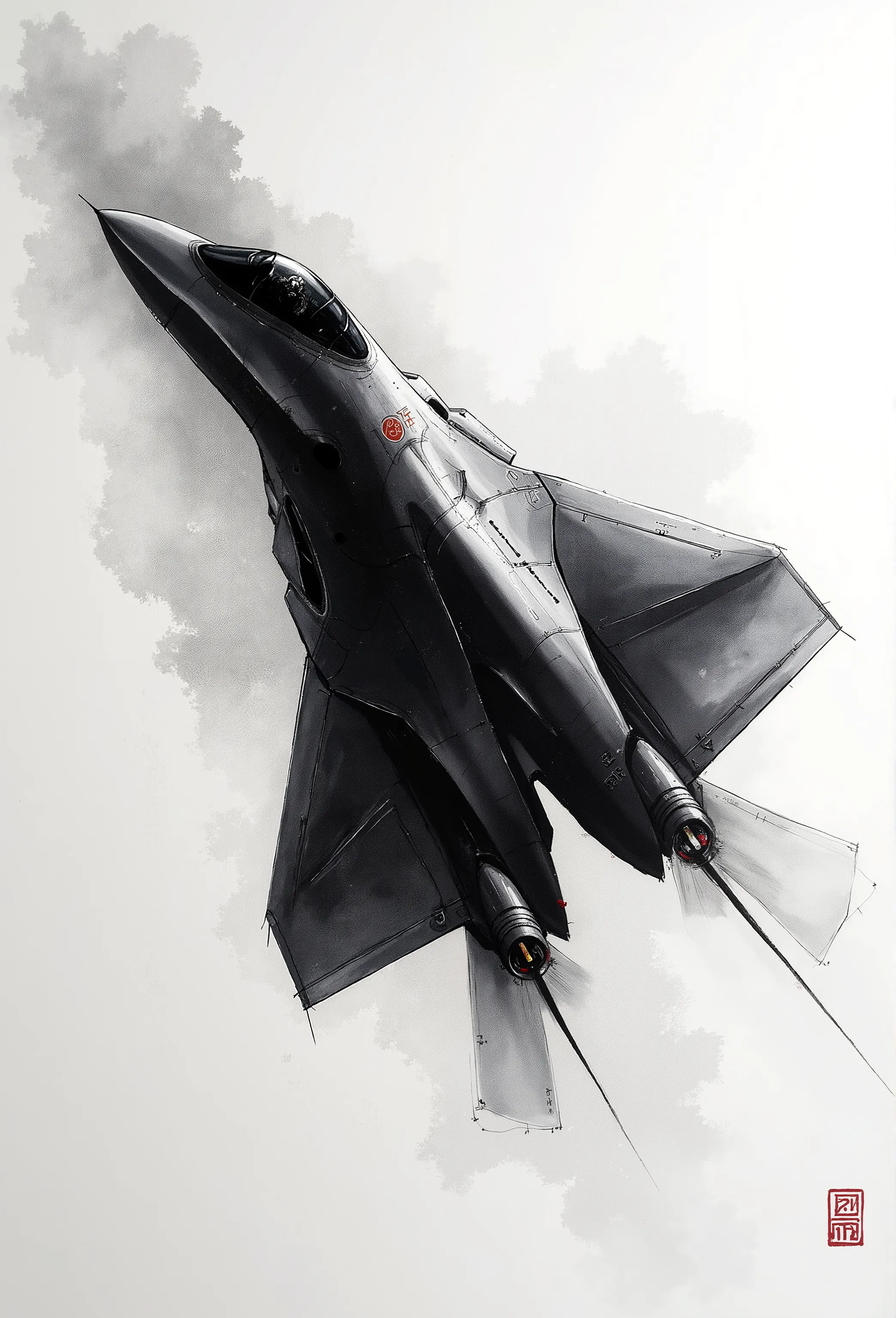 (masterpiece,top quality:1.2),( ink painting:1.5)(su-57,Extreme detail:1.2,real),Beautiful streamlined form、stealth、oblique angle