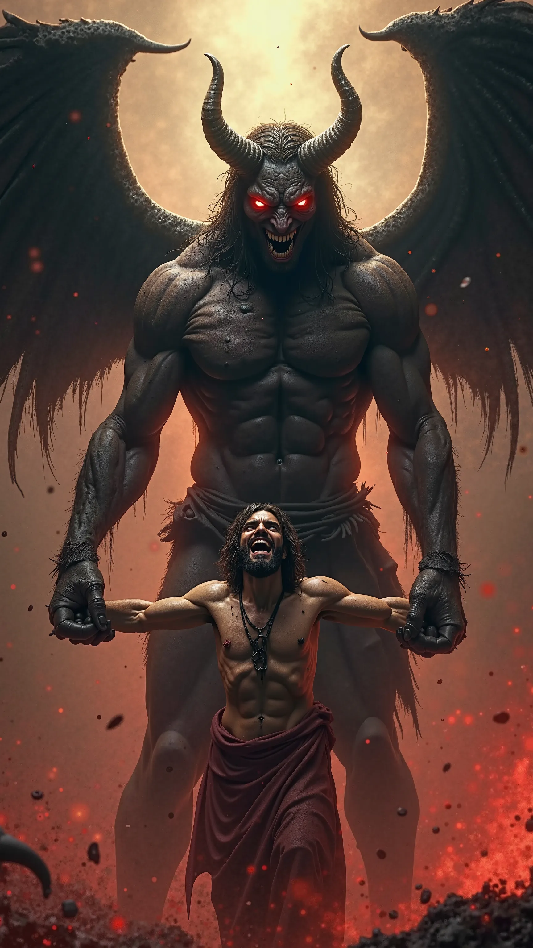 a massive, muscular demon with black, tattered wings and glowing red eyes,gripping a frail and weakened jesus by the robe,with a cruel smirk,hurling him,dark fantasy,horror,dramatic lighting,apocalyptic,cinematic,high contrast,moody,gritty,digital painting...