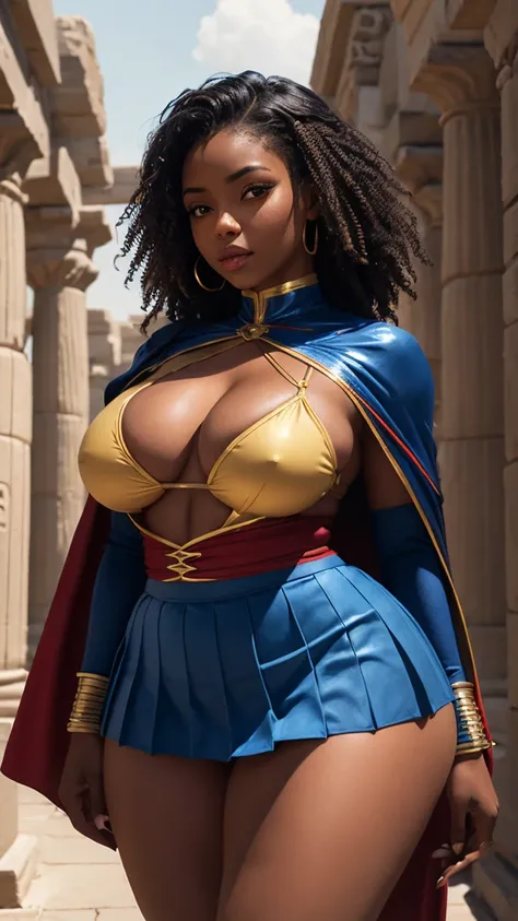 30 year old Ebony woman, wearing a long sleeves one piece yellow laces tied in front blue superheroine costume with pleated micro mini skirt yellow trim around cleavage Egyptian goddess theme, v-shaped neckline, red laces tie front, red matching capelet, b...