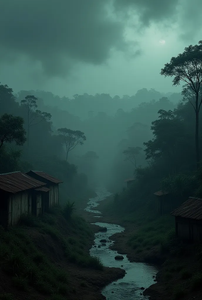 "A dark and eerie African village deep in a dense forest. The sky is covered with thick, ominous clouds. The houses are old and crumbling, and the villagers look sad and hopeless. The river is dry, and the crops are withered. A mysterious, shadowy mist lin...