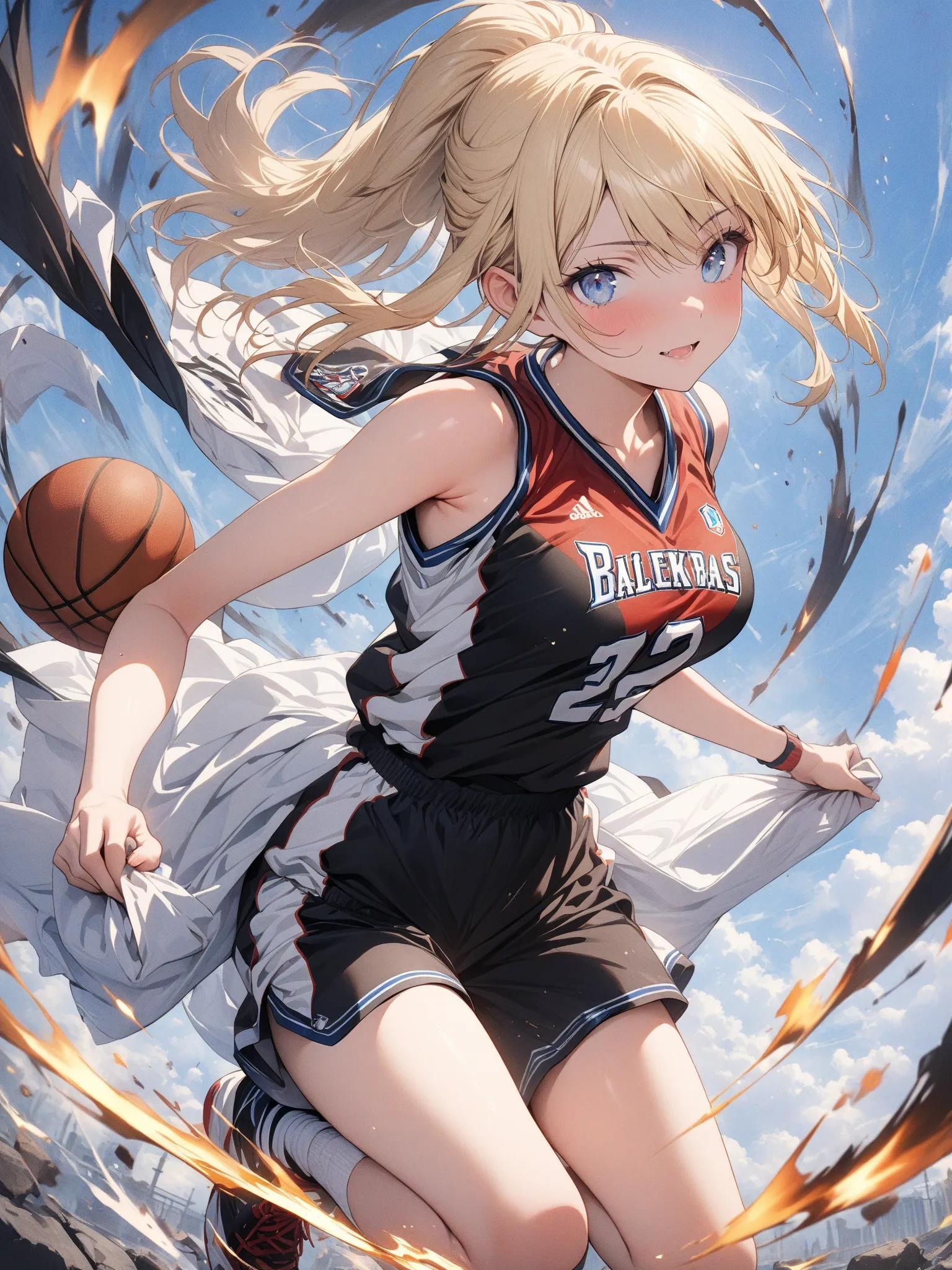 (masterpiece, detailed:1.2), One Girl, elegant, (18-years old), blonde half updo, Medium Breasts, sky blue eyes, BREAK, Highest quality, Fullbody shot, basketball uniform