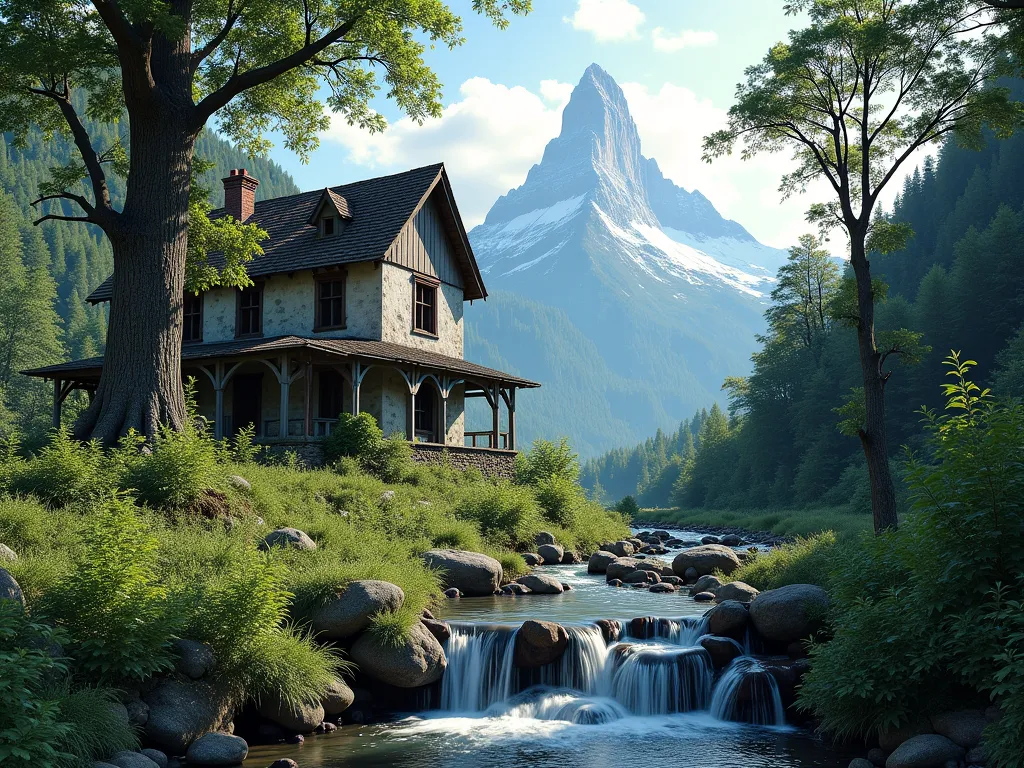 Beau paysage de montagne avec au loin une vieille maison abandonnée en ruines envahi par la végétation, un vieux chêne un ruisseau avec petite cascade,photo réaliste  décor Italie 