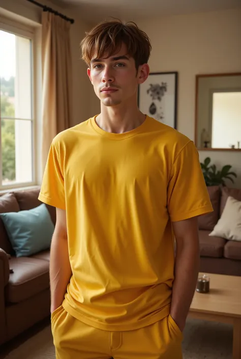 ((RAW Photo), absurd, (absurdresolution)), (Realistic) masterpiece, best quality, (Extremely detailed 8k unity CG wallpaper), (best illustration), (best shadow), Realistic lighting, beautiful detailed glow, ((21 years old)), man in yellow shirt, posing for...