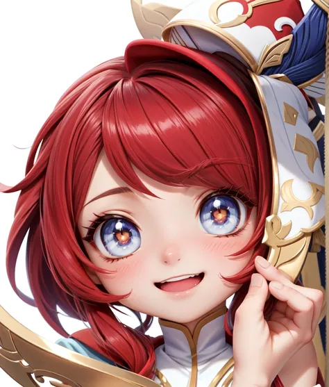 cartoon image of a woman with red hair and a silk hat,  Ayaka from Genshin Impact ,  Ayaka from Genshin Impact ゲーム, Zennra Taliyah, [[[[Laughing evilly]]]], modest pose,  emotional expression, holding a modest pose, Genshin,  ahehe,  Mischievous Smile