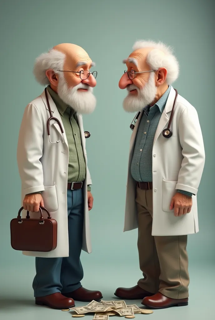 Create an image in which you have 2 elderly people, one doctor squandering money and the other spending money on appointments in this way. Make a reference to the image oh the second one I couldn't save money can you put an empty pot of money on the side o...