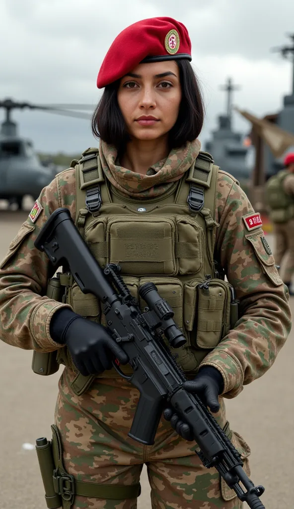 A beautiful and confident 20-year-old Tunisian woman stands facing forward, embodying the strength and discipline of Tunisia’s elite naval special forces. Her sharp facial features, deep brown eyes, and smooth olive skin reflect her unwavering determinatio...