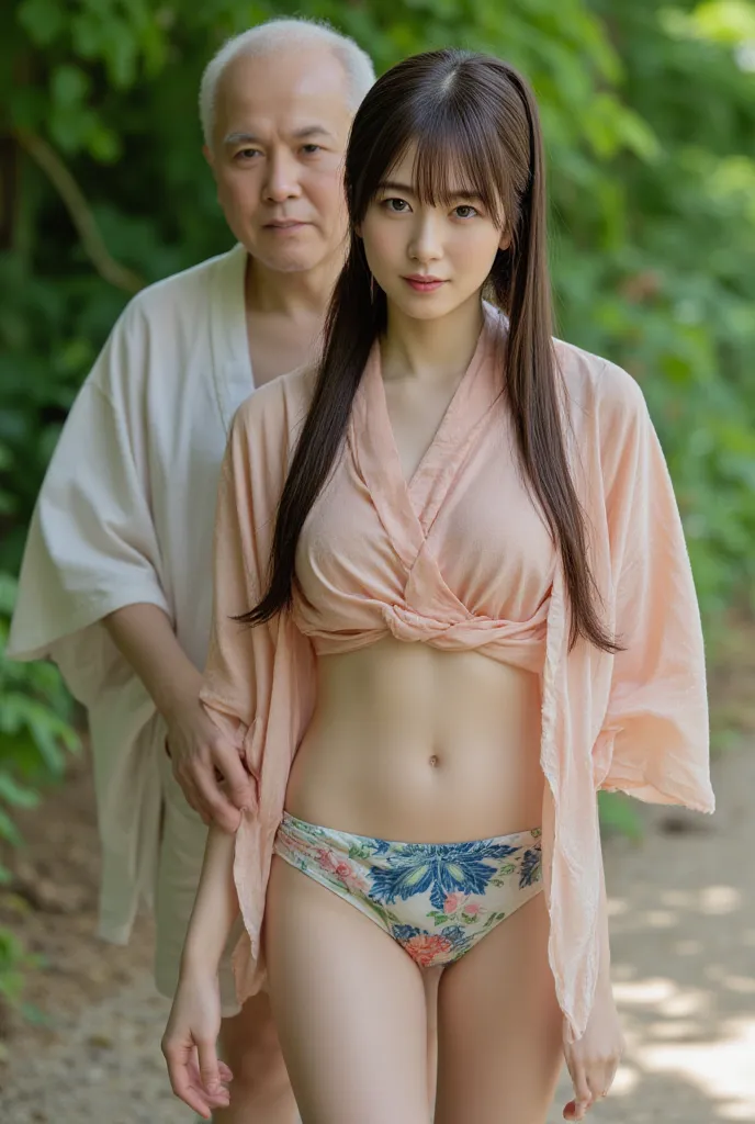 (top quality、4K、high resolution)、front view、A woman wearing a disheveled yukata、Massive defecation in underpants、An old man chases a woman from behind、poor bust、Underground、sexy expression on camera、ponytail、full body