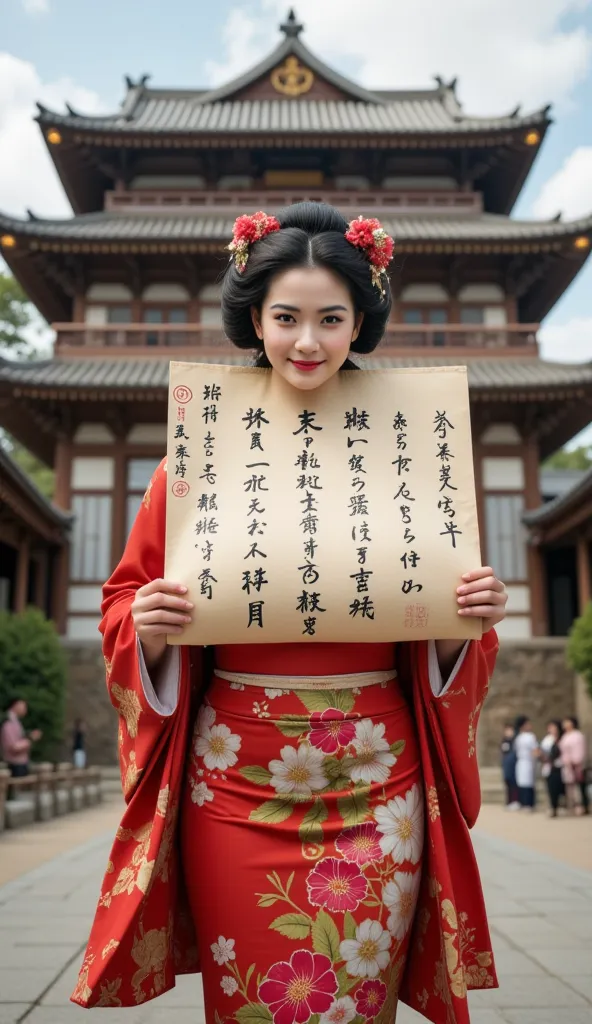 ((**Prompt:** during ancient japan tokugawa time, Create a hyper-realistic wide scenery image of a prehistoric japanese geisha female walking confidently at the forefront, her full body view showcasing her elegantly busty silhouette. She holds up a large p...