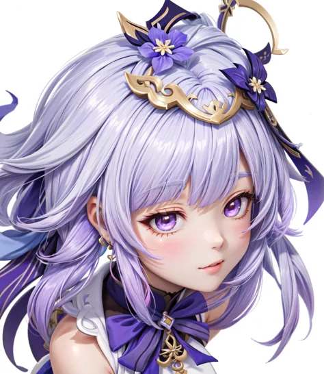 In an upload of a person with purple hair、Flowers in her hair,  Ayaka from Genshin Impact ,  Ayaka from Genshin Impact ゲーム, Chartier Bradforin, Genshin Impactのキャリング, Genshin,  shikamimi, White-haired goddess, Genshin Impact&#39;s Zhongli,  portraits　Gap mo...