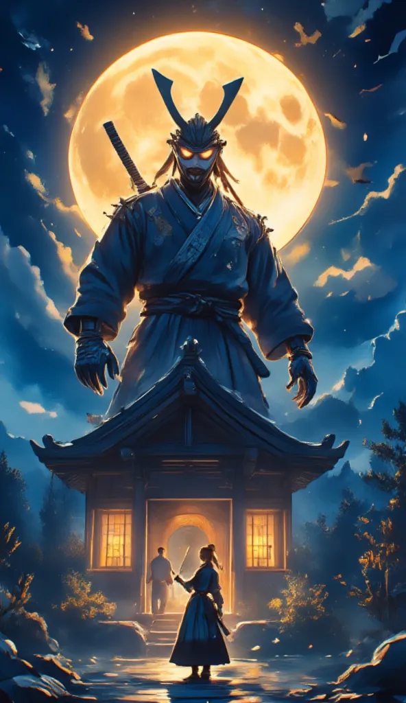 An epic scene featuring a giant demonic samurai with glowing orange eyes, intricate tattoo patterns on his body, and a mysterious horned helmet, standing dominating a traditional Japanese castle. At night, under a large mandala-like moon, his pose is full ...