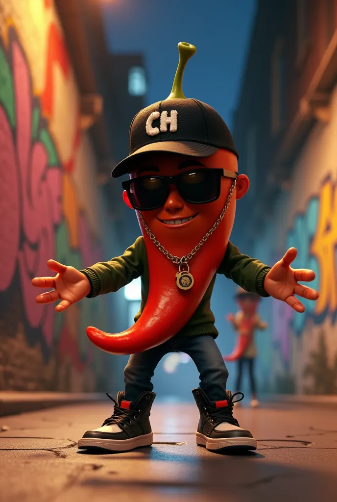 Aji chile animated black cap with the letter CH necklace with sunglasses with hands and feet with Nike sneakers in 3D dancing hip hop in the streets with graffiti on the walls and be it at night