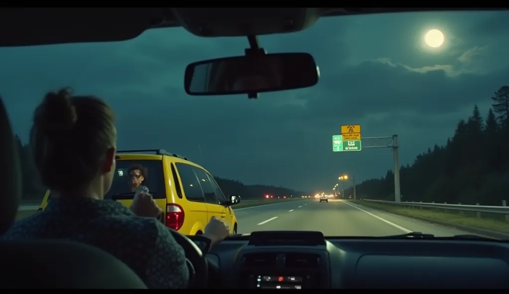 A yellow minivan on a dark highway at night, passing by an illuminated exit sign. The woman in the back seat has her eyes wide open, pointing to the sign and saying something to the driver. The driver ignores, with hands firmly on the wheel and a serious l...