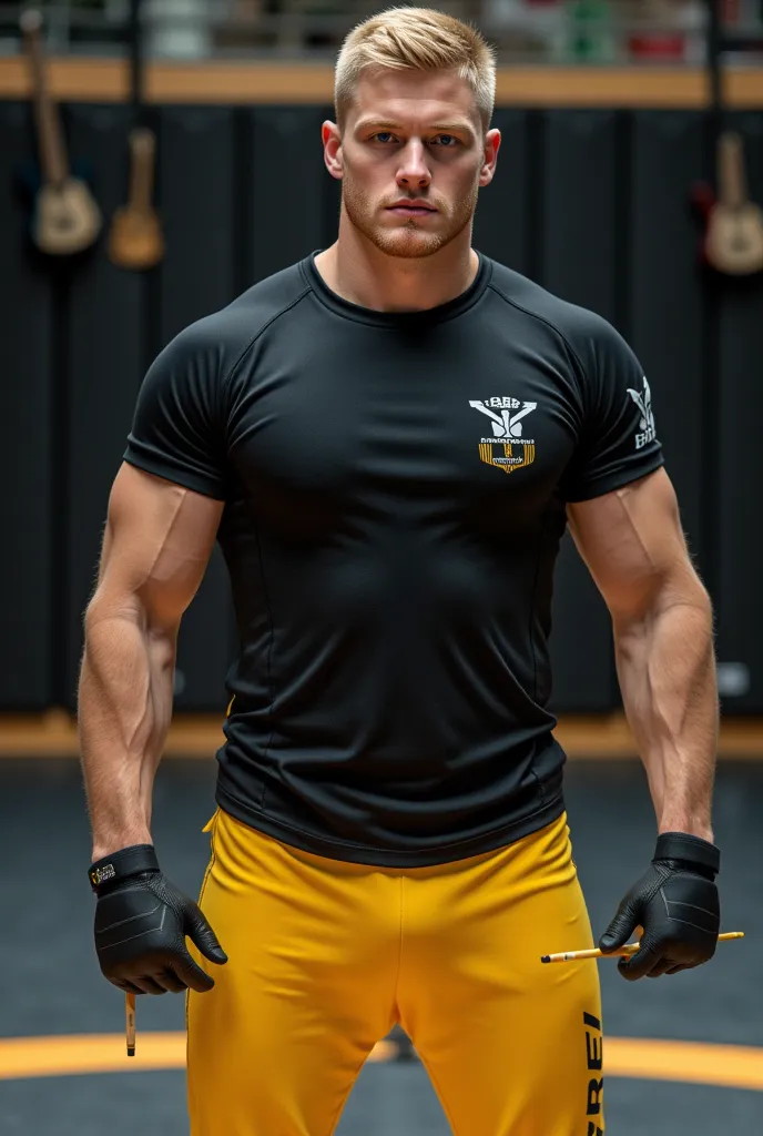 a 24 yo blond SLAVIC man wrestler wearing a black "STRELA SPB NO GI " T-tight shirt and long yellow sports shorts, holding an ONE arrow in BJJ gym
