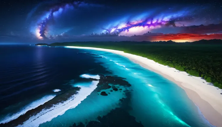 超High image quality while sick,High image quality while sick,high quality,nighttime scenery, tropical beach , that shines steadily ,The ocean breeze is blowing,The blue fluorescent beach spreads out spectacular seascapes,The blue light shines in big wave...