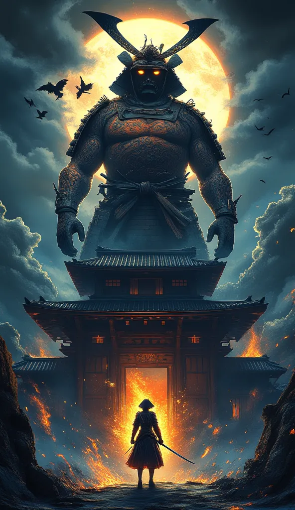 An epic scene featuring a giant demonic samurai with glowing orange eyes, intricate tattoo patterns on his body, and a mysterious horned helmet, standing dominating a traditional Japanese castle. At night, under a large mandala-like moon, his pose is full ...