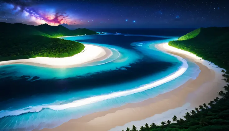 超High image quality while sick,High image quality while sick,high quality,nighttime scenery, tropical beach , that shines steadily ,The ocean breeze is blowing,The blue fluorescent beach spreads out spectacular seascapes,The blue light shines in big wave...