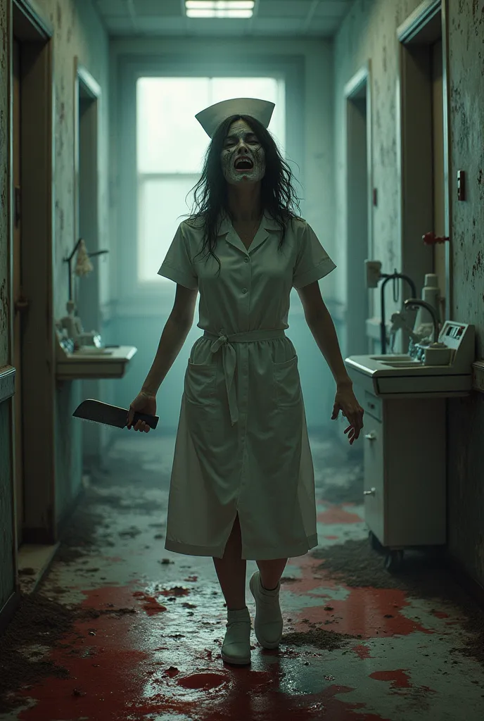 Nurse with a badage covered face, holding knife,  abandoned  rusty hospital,  in the style of a horror movie